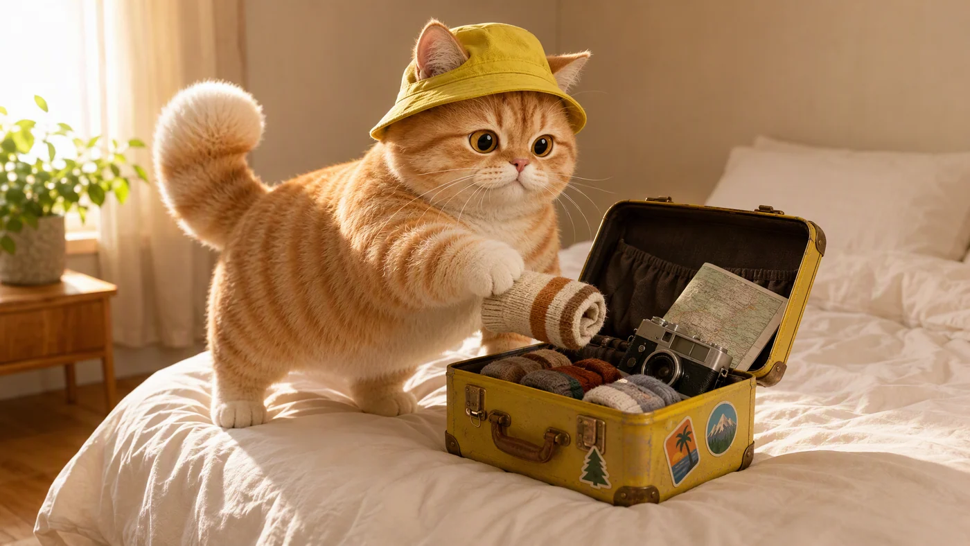 Bibi packing a yellow suitcase on his bed