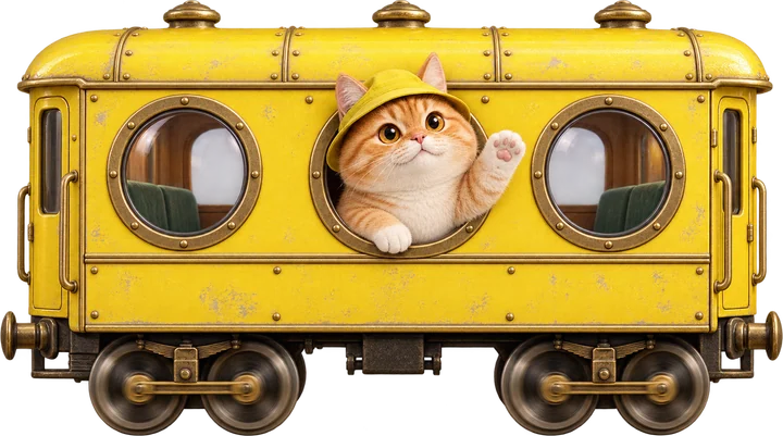 Bibi waving from a yellow train carriage